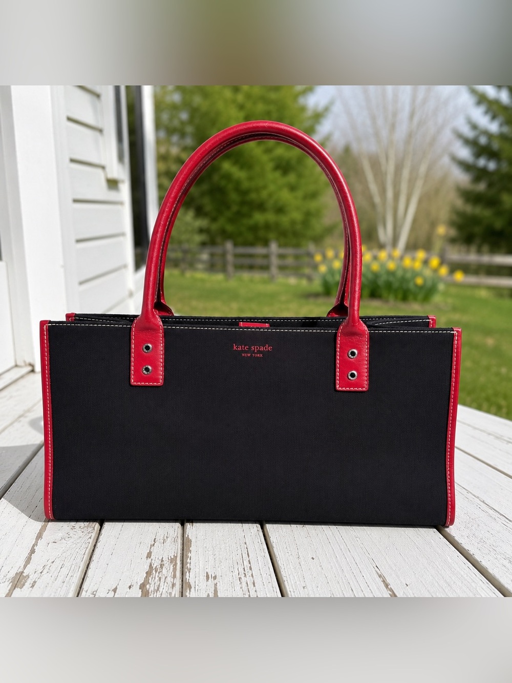 Kate Spade New York Black Canvas Red Leather Trim Satchel Tote Bag Purse